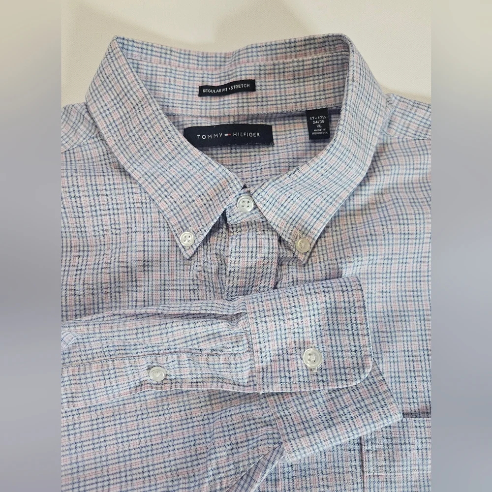 Tommy Hilfiger Dress Shirt Mens XL Pink Blue Regular‎ Fit Stretch Office Career